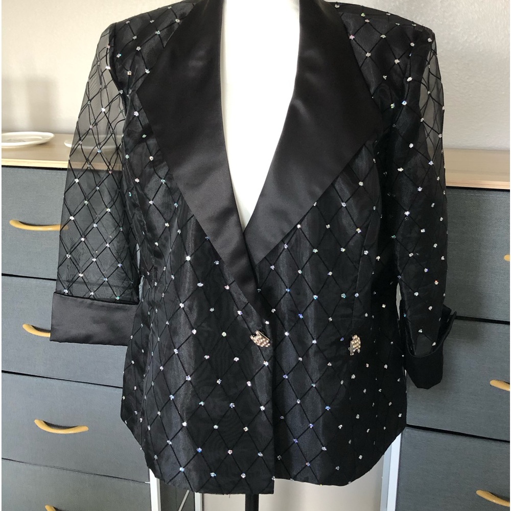 Satin jacket with sheer sleeves & sparkle jewels throughout!